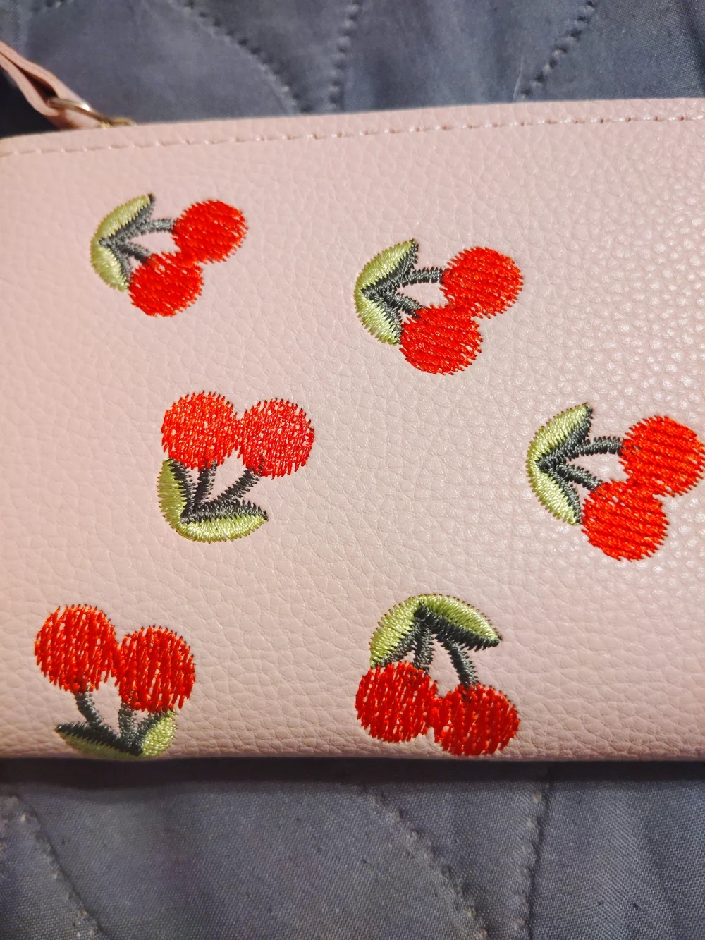 Women’s 🍒 Cherry Embroidered Zip Wallet - Blush Pink!